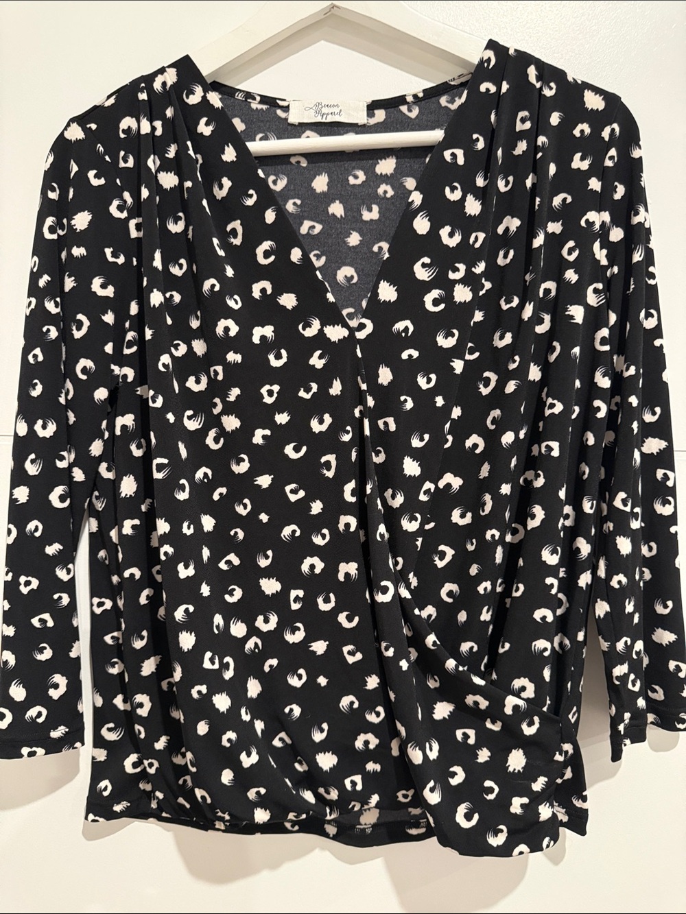 Green Apple Black & Ivory Leopard Print Wrap Front Top